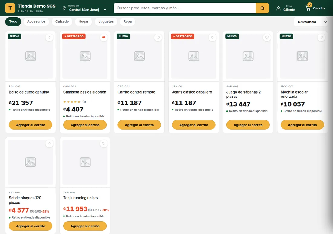 Catálogo de la tienda con categorías, productos nuevos, destacados y ofertas