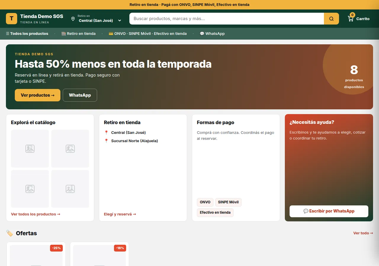 Página de inicio de una tienda de Mi Tienda con banner de ofertas, catálogo, retiro en tienda y formas de pago