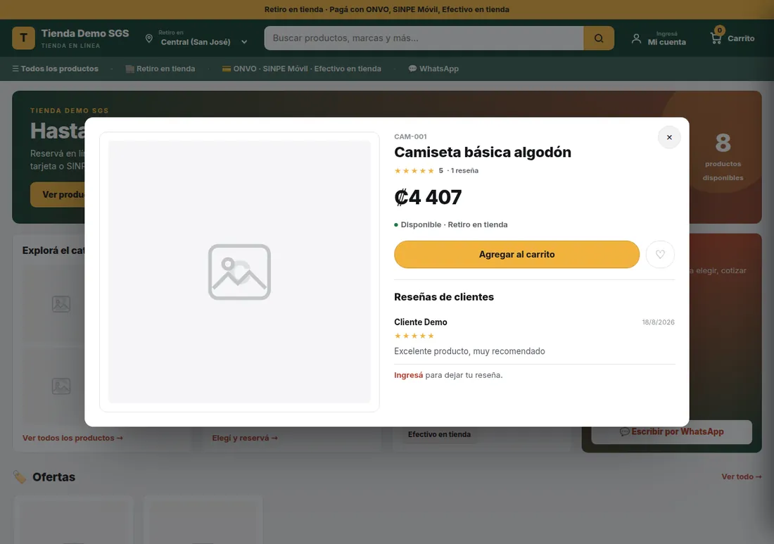 Detalle de producto con precio, disponibilidad, reseñas y botón agregar al carrito